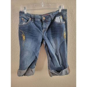 Baby Phat Women's Blue Mid Rise Embroidered Rolled Cuffs Jean Shorts Size 13